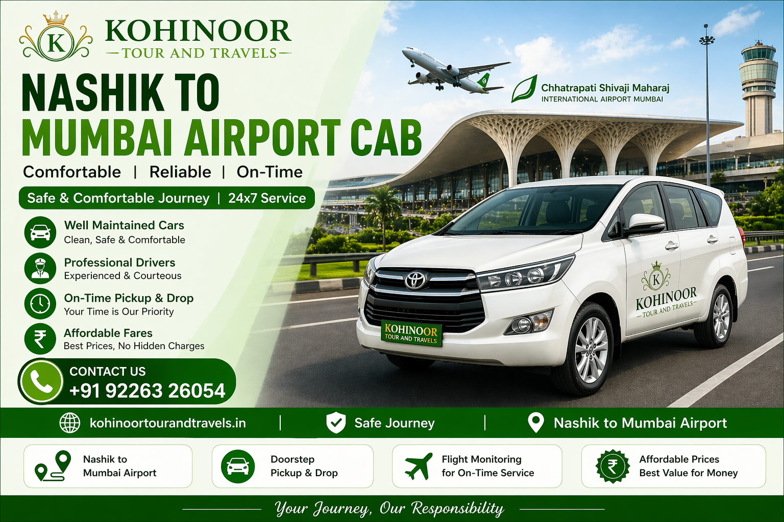 Nashik to Mumbai Airport cab service by Kohinoor Tour and Travels with comfortable and reliable taxi