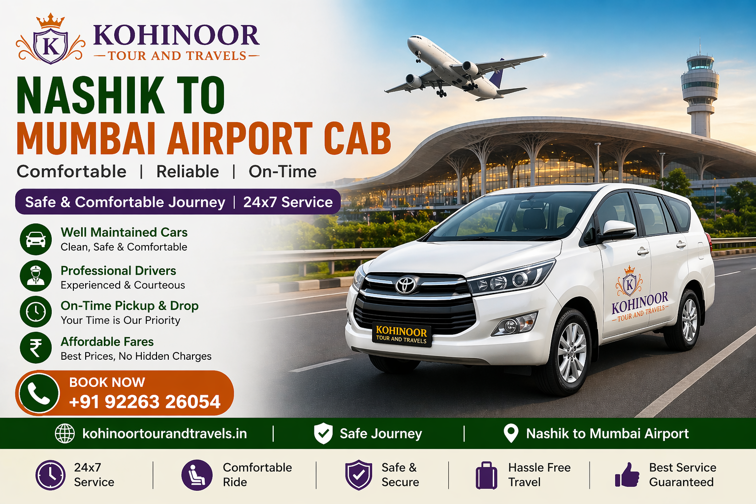 Nashik to Mumbai Airport cab service by Kohinoor Tour and Travels with comfortable and reliable taxi